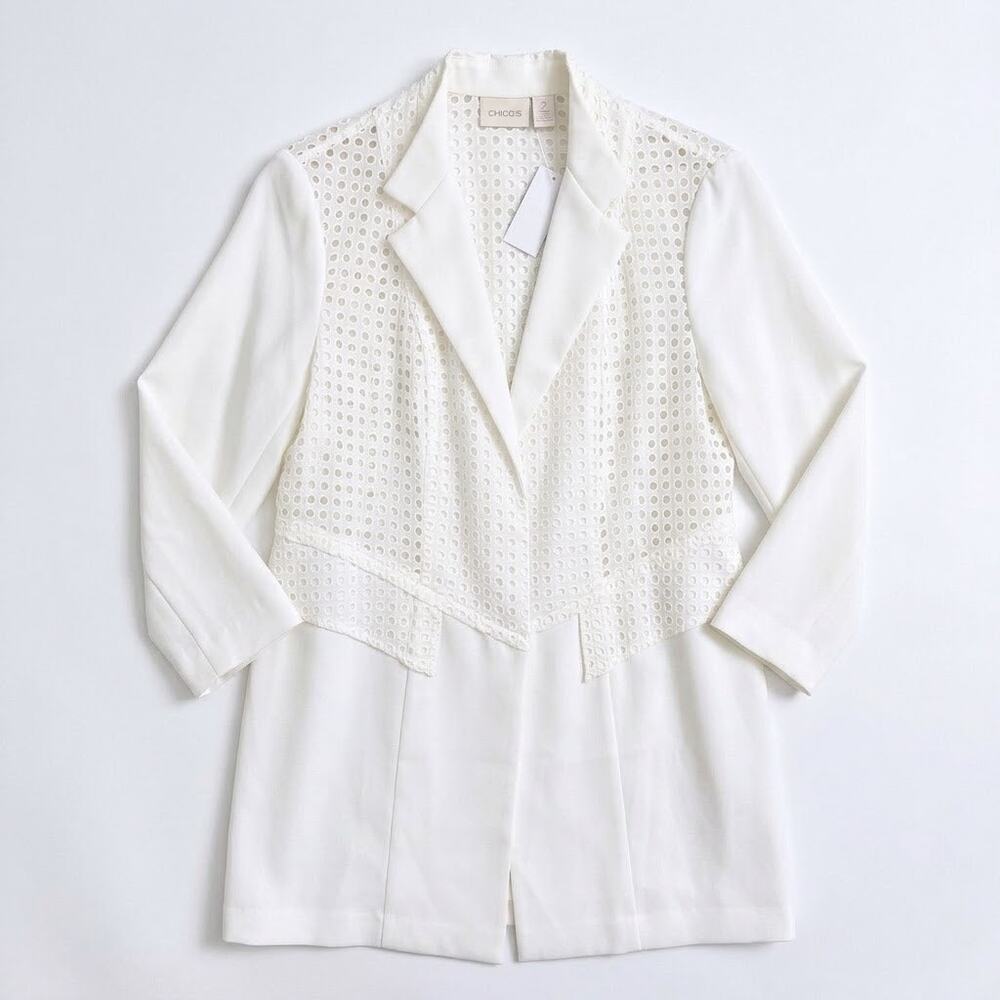 Chicos Eyelet Novelty Duster Jacket Antique White 3/4 Sleeve Womens Large 2